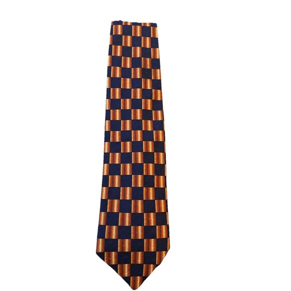 Ermenegildo Zenga Men’s Navy Orange Geometric Squares 100% Silk 4” Italian EUC - Picture 1 of 7